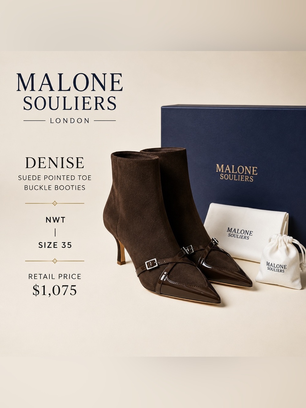 Malone Souliers Denise Brown Suede
Patent Pointed Toe Boots 35 NIB